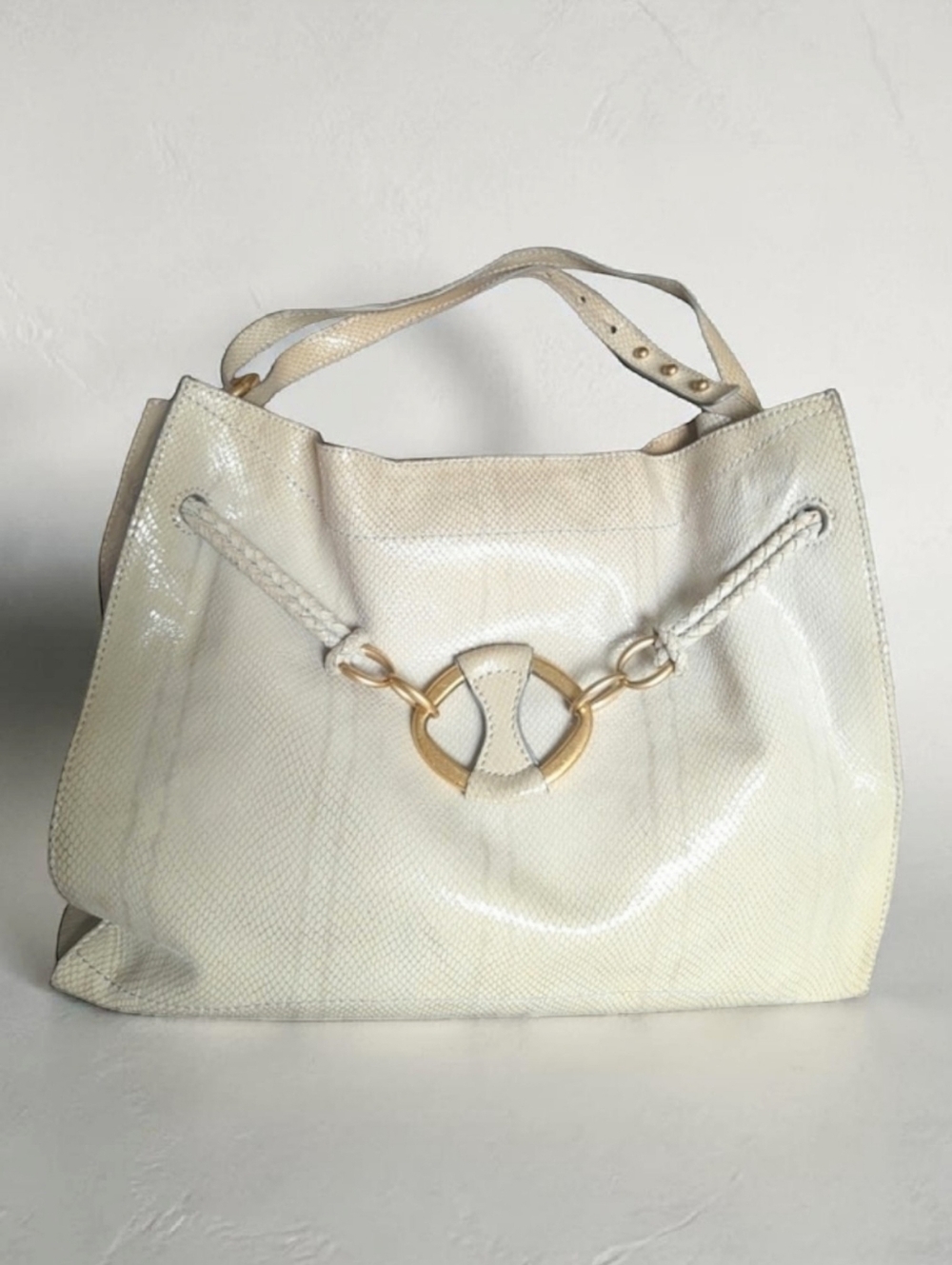 Vintage Tortuga Snakeskin Leather Shoulder Bag Ivory Braided Strap Gold Hardware
